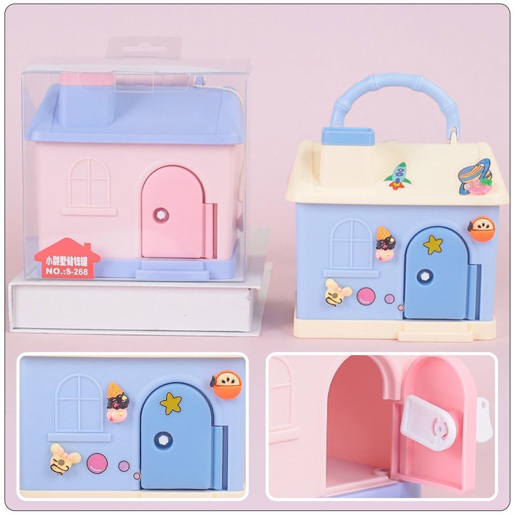 Kids' house money bank with lock, key, and 3D sticker compatibility, in pastel pink and blue.www.usmile.toys